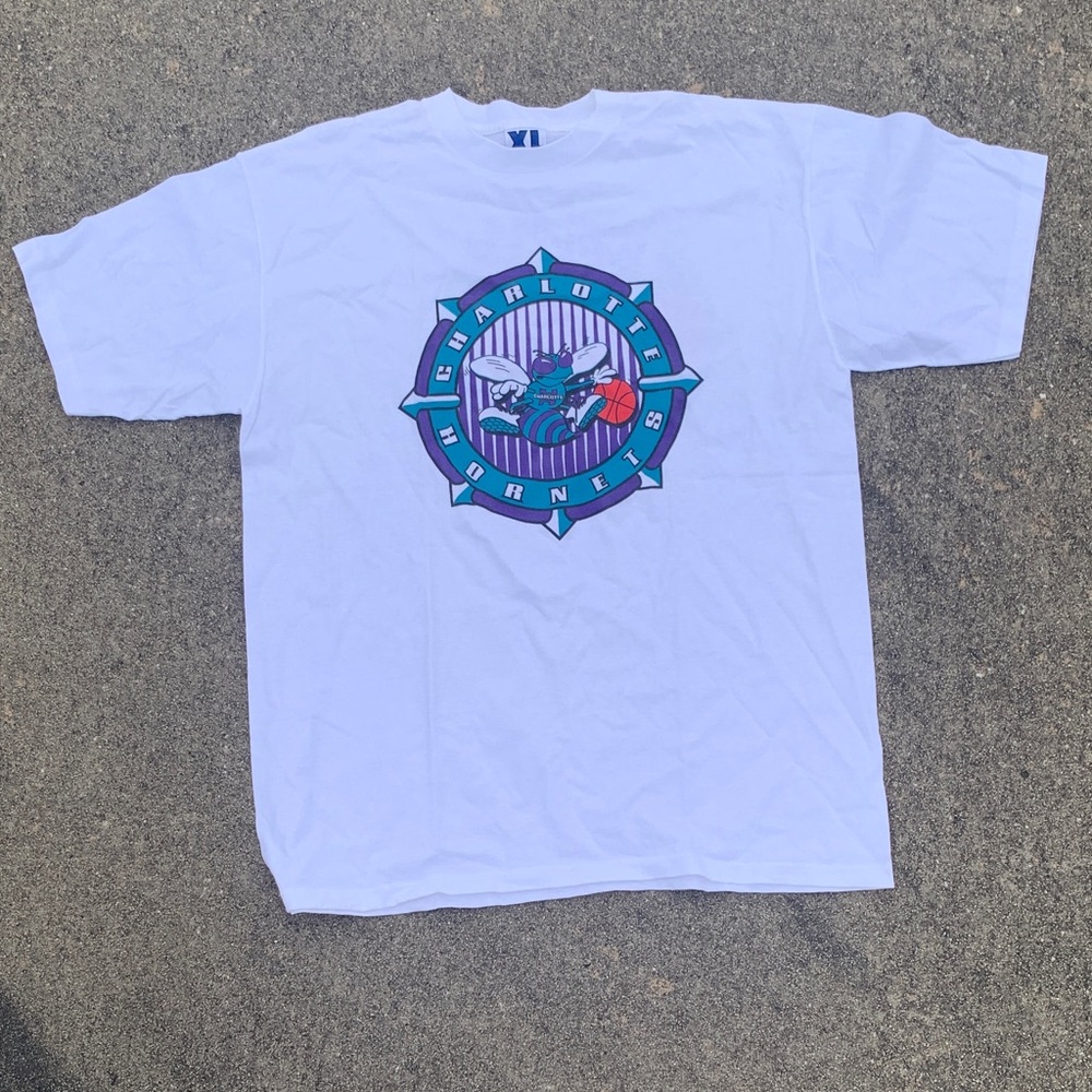 Charlotte Hornets Retro Logo Tee - White with Teal & Purple